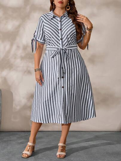 EMERY ROSE Vestido casual y cómodo con rayas y lazo en la cintura para mujer de talla grande