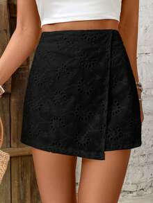 SHEIN Frenchy Rok celana wanita bermotif bordir, modis dan serbaguna untuk kencan dan jalan-jalan. - Hitam - View 4