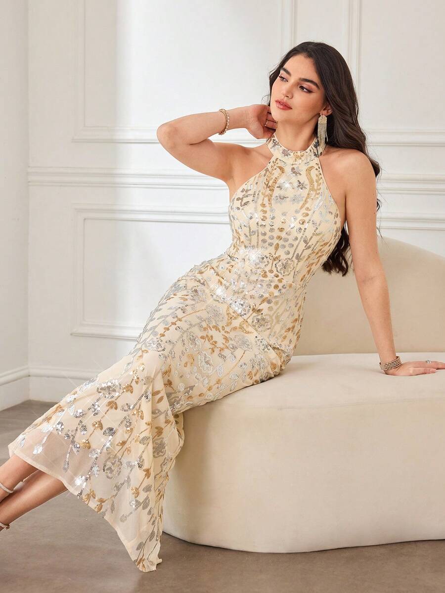 Modelyn Elegant Sequin Embroidered Luxury Women's Dress, Slimming - Apricot - View 1