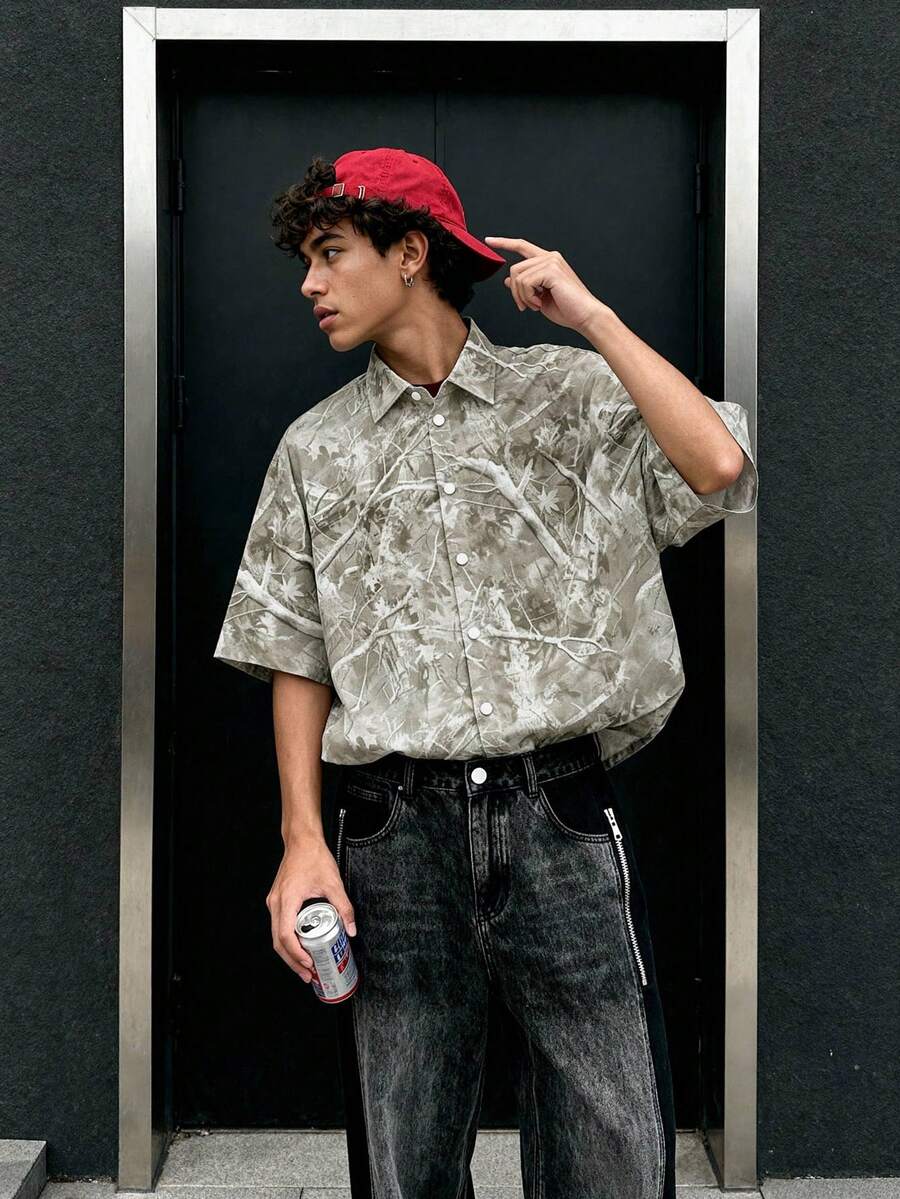 SWAVVY Men's Casual Short Sleeve Camo Shirt, Simple And Fashionable, Suitable For Summer - Light Grey - View 1