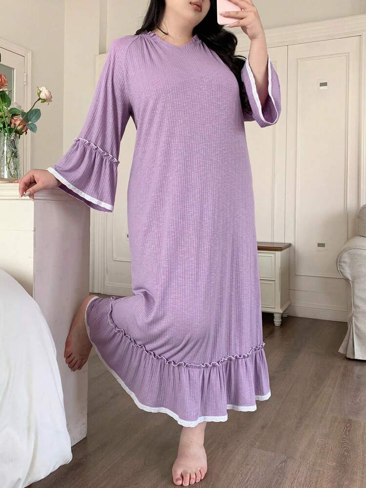 Dazy Plus Plus Size Women Loose Fit V-Neck Long Sleeve Long Nightgown With Ruffle Hem, Soft Purple, Spring/Summer