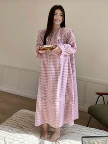 Dazy Plus Casual Ruffled Collar Loose Flare Sleeve Long Plaid Nightgown, Pink Sleepwear For Girls - Pink - View 6