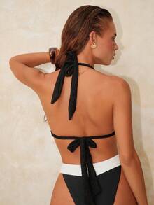Swim Chiccia Women's Summer Vacation Black Elegant Metal Decor Triangle Cup Halter Bikini Top, Beach Wear - Black - View 2