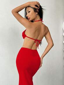 EgrlEra 1 Set Solid Color Halter Backless Top And Pleated Mini Skirt Sexy 2 Pieces Outfit