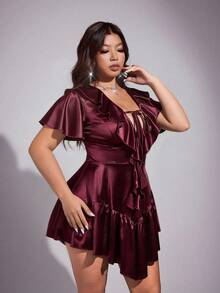 Viva Relle Vestido rojo brillante con volantes para fiesta/noche de citas en talla grande - Burdeos - Ver 5