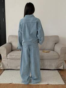 DAZY Teen Girl Stand Collar Single-Breasted Long Sleeve Jacket And Wide-Leg Pants Casual Daily Outfit - Blue - View 5