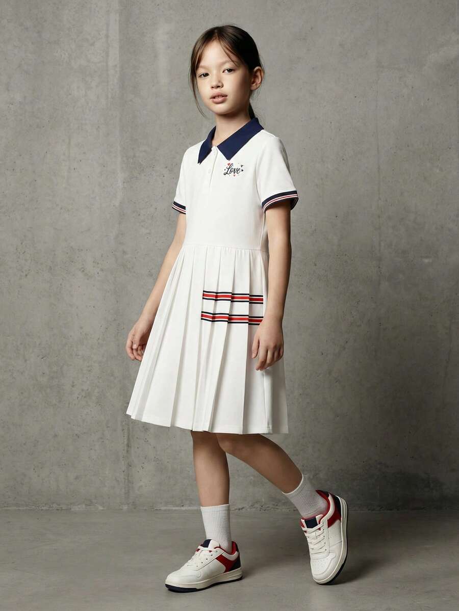 Casuvi Kids Abito casual da ragazza con colletto polo a blocchi di colore, stampa a cuori e lettere, vestibilità morbida, comodo per primavera, estate, autunno, adatto per uso quotidiano, feste di compleanno, eventi scolastici, raduni familiari e occasioni formali - Multicolore - Visualizzare 1