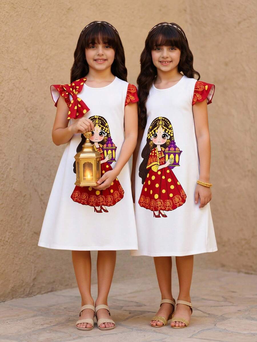 SHEIN Tween Girls' Loose Casual Round Neck Pullover Dress With Bow Decor & Cartoon Pattern - Red - View 1