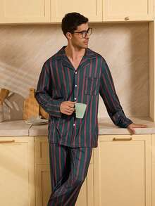 Velminro 男士长袖纽扣条纹休闲舒适透气睡衣套装 - 墨綠色 - 查看 2