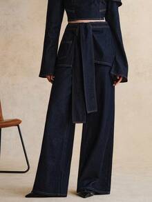 Anewsta Women's Knotted Waist Loose Wide Leg Casual Denim Jeans - Dark Wash - View 7