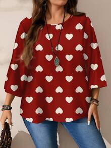 EMERY ROSE 大码女式浪漫休闲爱心印花宽松圆领七分袖衬衫，情人节爱心衬衫，情人节礼物 - 紅色 - 查看 5