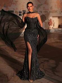 Glamrae 优雅奢华的串珠亮片花卉拼接性感无肩带高开衩鱼尾连衣裙，适合婚礼、单身派对、度假、晚宴、正式晚礼服（重工装饰） - 黑色 - 查看 8