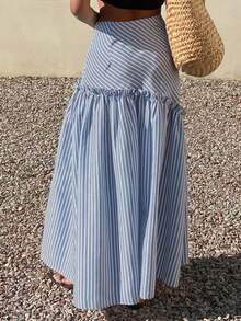 Livesso Loose Casual Vacation Style Beach Fashion Design Ruffled Asymmetric Striped Print High Waist Women Skirt, Spring/Summer - Blue - View 6