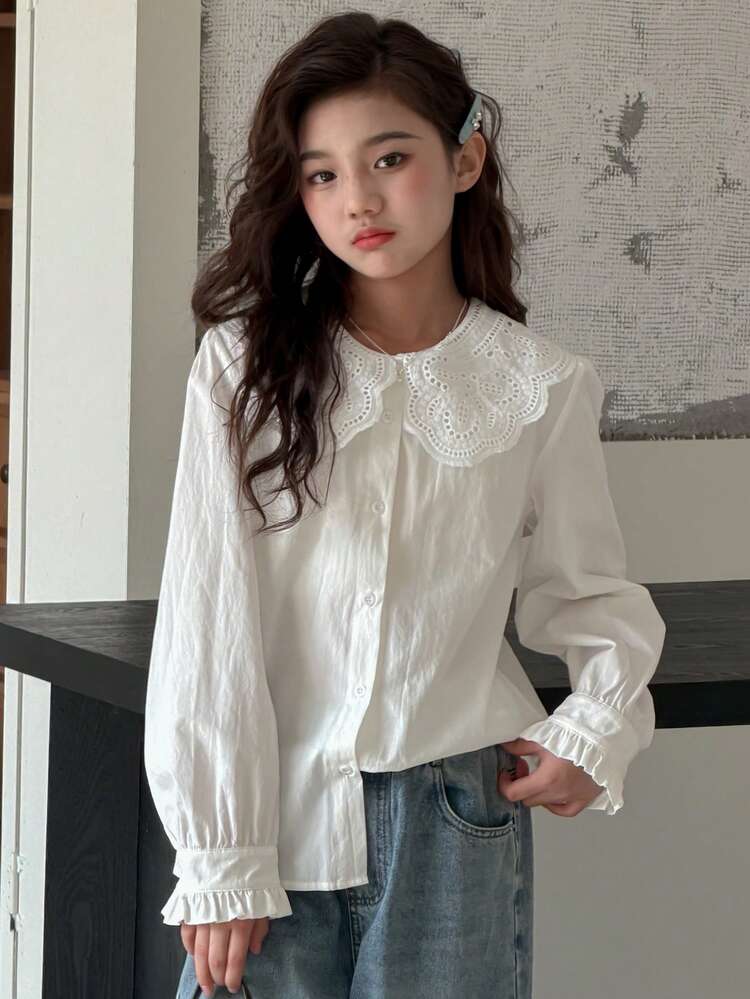 Tween Girls Lace Doll Collar Puff Sleeve Sweet Blouse Spring Long Sleeve Tops Women