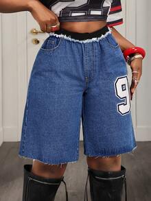 BamGleam Women's Fashionable Digit Patch Loose Denim Shorts, Summer - Dark Wash - View 5