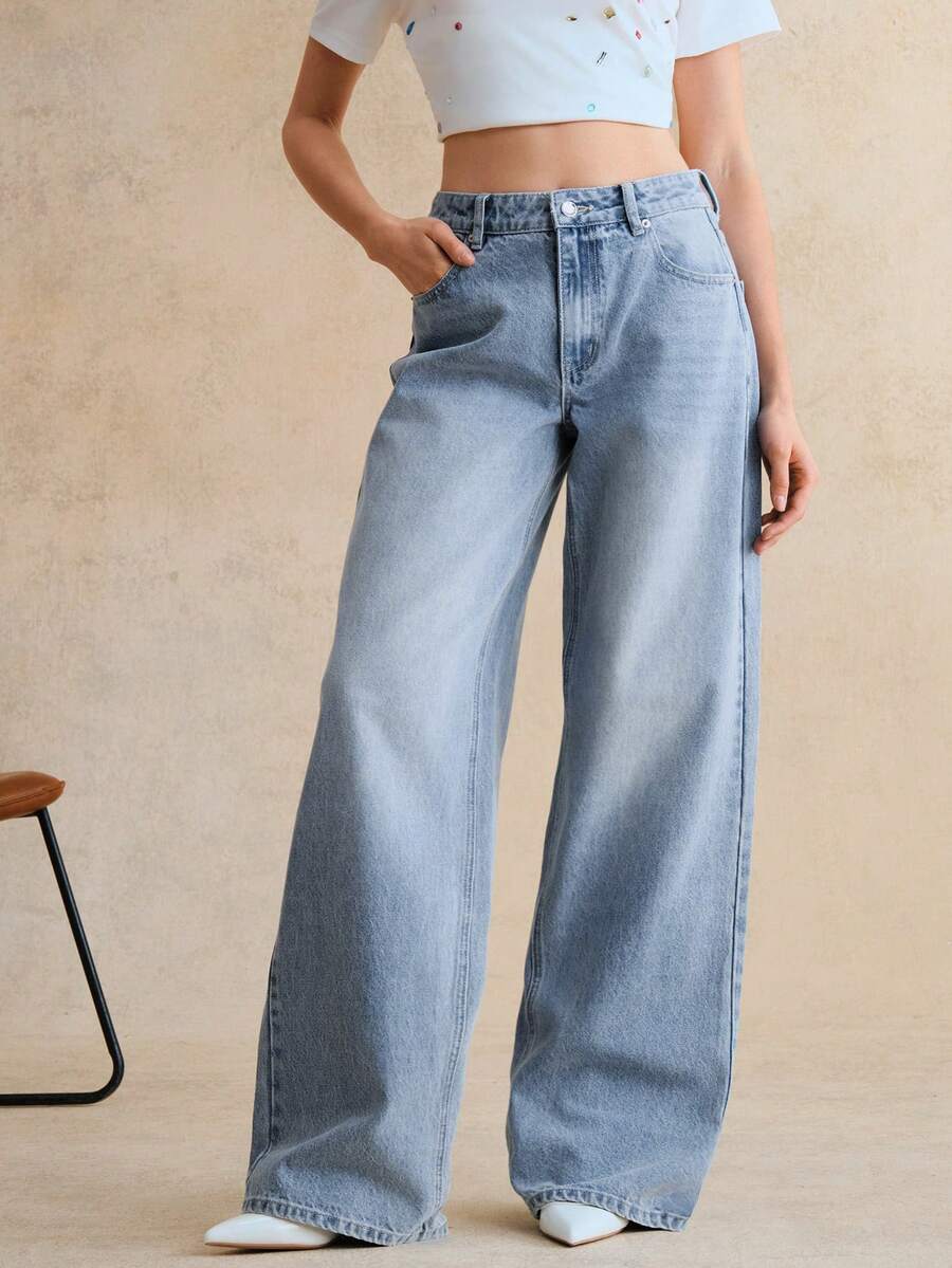 Anewsta Straight Leg Casual Light Blue Loose Fit Jeans With Pockets - Blue - View 1