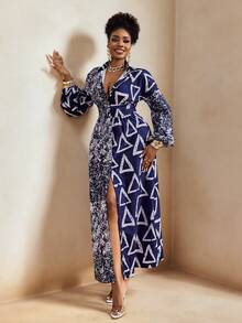 BamGleam Women's Geometric Print Lapel Single-Breasted Split Elegant Waist Dress For Party - Blue and White - View 1
