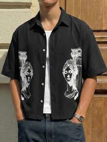 SWAVVY 男士落肩长袖前扣休闲百搭宽松罗马肖像印花衬衫 - 黑色 - 查看 1