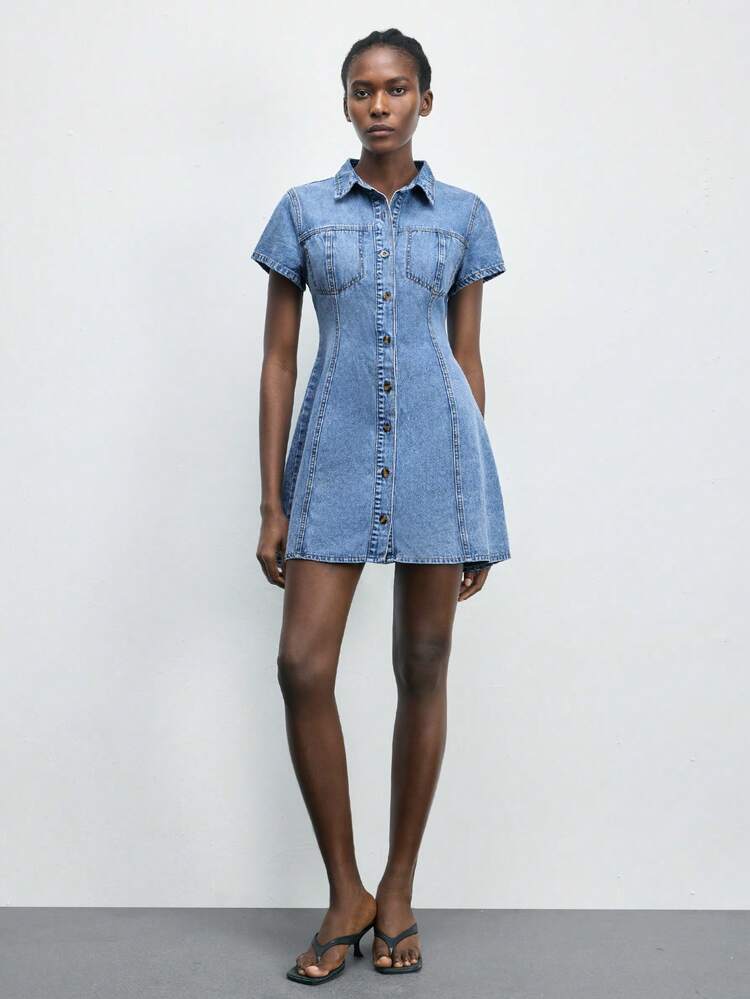 SHEIN Maija Women's Casual Everyday Commute Single-Breasted Cinched Waist Denim Dress, Summer