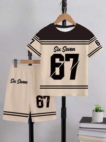 SHEIN Coolqubz 2pcs/Set Boys Casual Stylish Creative Personalized Refreshing High-End Simple Numeric 67 Striped Black & Beige Graphic Letter Slogan Print Relaxed T-Shirt And Shorts Set, Comfortable Daily Wear, Suitable For Spring, Summer, Autumn Boy 7y Clothing Boy Jersey Outfits Big Boy Clothes Boy 2 Piece Set - Multicolor - View 4