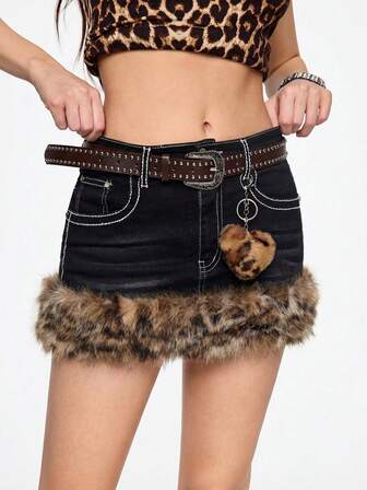 Kawaii Gonna mini a vita bassa con stampa leopardata, orlo sfilacciato e cintura, in stile vintage Y2K