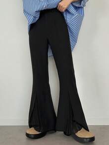 FRIFUL Women's Chiffon Pleated Solid Color Flare Pants - Black - View 3