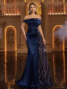 Glamrae Elegante vestido de noche azul marino con hombros descubiertos, drapeado y bajo de cola de pez con cuentas, adecuado para todas las ocasiones formales, bodas y fiestas (con adornos pesados) - Azul Marino - Ver 8