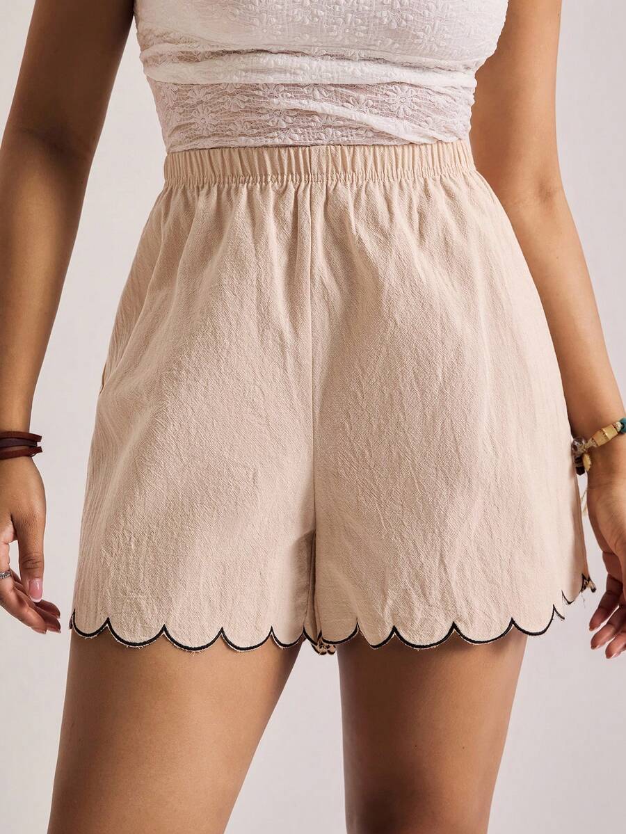 Freevana Plus Size Apricot Casual Short Woven Fabric Scallop Trim Track Shorts - Apricot - View 1