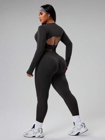 Rhythm Era 大码女式纯色长袖露背T恤和紧身裤运动套装