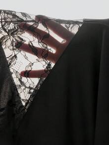 SHEIN PETITE 纯色斜肩长袖蕾丝拼接优雅派对女装连衣裙，夏季女装，下午茶会连衣裙 - 黑色 - 查看 12