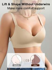 SHEIN 1pc Seamless Minimalist Wavy Edge Solid Color No Underwire Push Up Full Coverage Women Bra - Beige - View 3