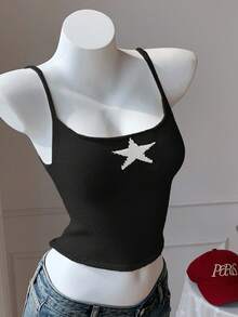 Comfortcana Áo len nữ dáng ôm họa tiết ngôi sao đen trắng, thích hợp mặc thường ngày vào mùa hè và mùa thu. - Đen và trắng - Xem 6