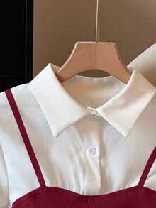 GlowEve Contrast Color 2 In 1 Casual Button Collar Long Sleeve Top - Burgundy - View 4