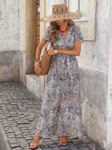 Brillora Spring/Summer Vacation Woven Printed Long Sleeve Dress For Women Long Floral Dress Women Women Vacation Dress Boho Summer Dress Women Short Sleeve Maxi Dress Women Cottagecore Dress - Multicolor - View 4