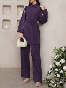 Veilorie Conjunto de top de manga larga con detalle de perlas falsas y pantalones con cinturón, estilo árabe - Morado - Ver 6