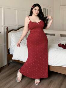 Dazy Plus Plus Size Women Polka Dot Elastic Tight Fitting Sleepwear Dress With Elegant Bow Decor, Red - Burgundy - View 10