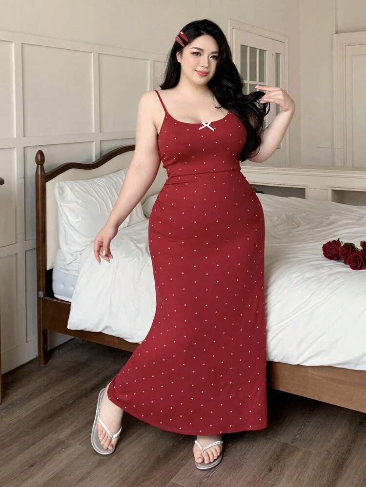 Dazy Plus Plus Size Women Polka Dot Elastic Tight Fitting Sleepwear Dress With Elegant Bow Decor, Red