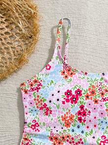 SHEIN Tween Girl Ditsy Floral One-Piece Swimsuit With Beach Skirt - Baby Pink - View 4