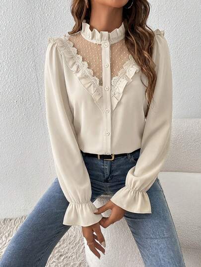 SHEIN Frenchy Contrast Dobby Shirt Mesh Flounce Sleeve Ruffle Trim Blouse