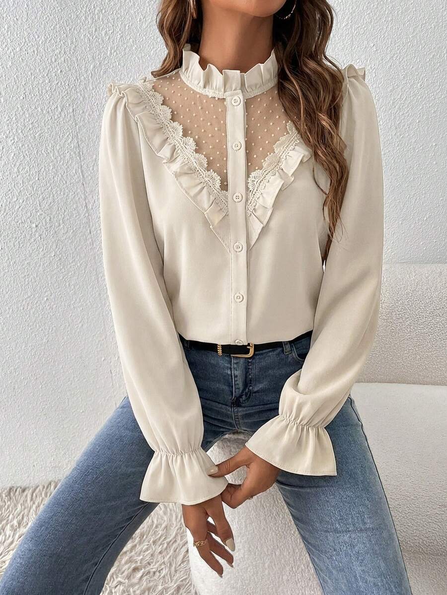 SHEIN Frenchy Contrast Dobby Shirt Mesh Flounce Sleeve Ruffle Trim Blouse - Apricot - View 1