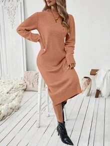 SHEIN LUNE Women's Pink Straight Simple Versatile Sweater Dress Autumn Dress Turtle Neck Dress Long Sleeve Midi Dress Casual Midi Dress - Pink - View 3