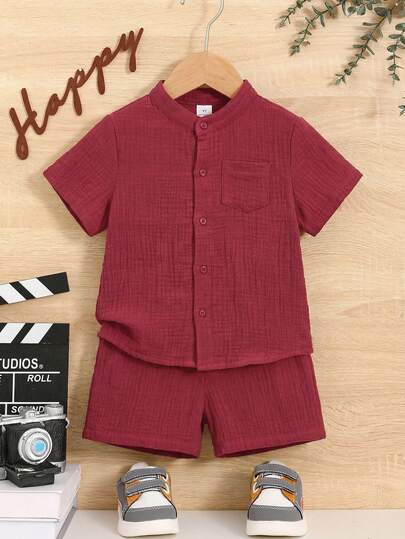 Young Boy Single-Breasted Short Sleeve Shirt And Shorts Casual Daily Outfit Set Summer Y2k Vacation Goth Gothic Streetwear Sumwon Burgundy Holiday Vintage Boho Festival Mardi Gras Party Cute Birthday Boys Modest Home Casual Cozy