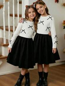 SHEIN Tween Girl Jacquard Textured Bow Decor Round Neck Long Sleeve Top & Patchwork Flared Dress Set - Black and White - View 1