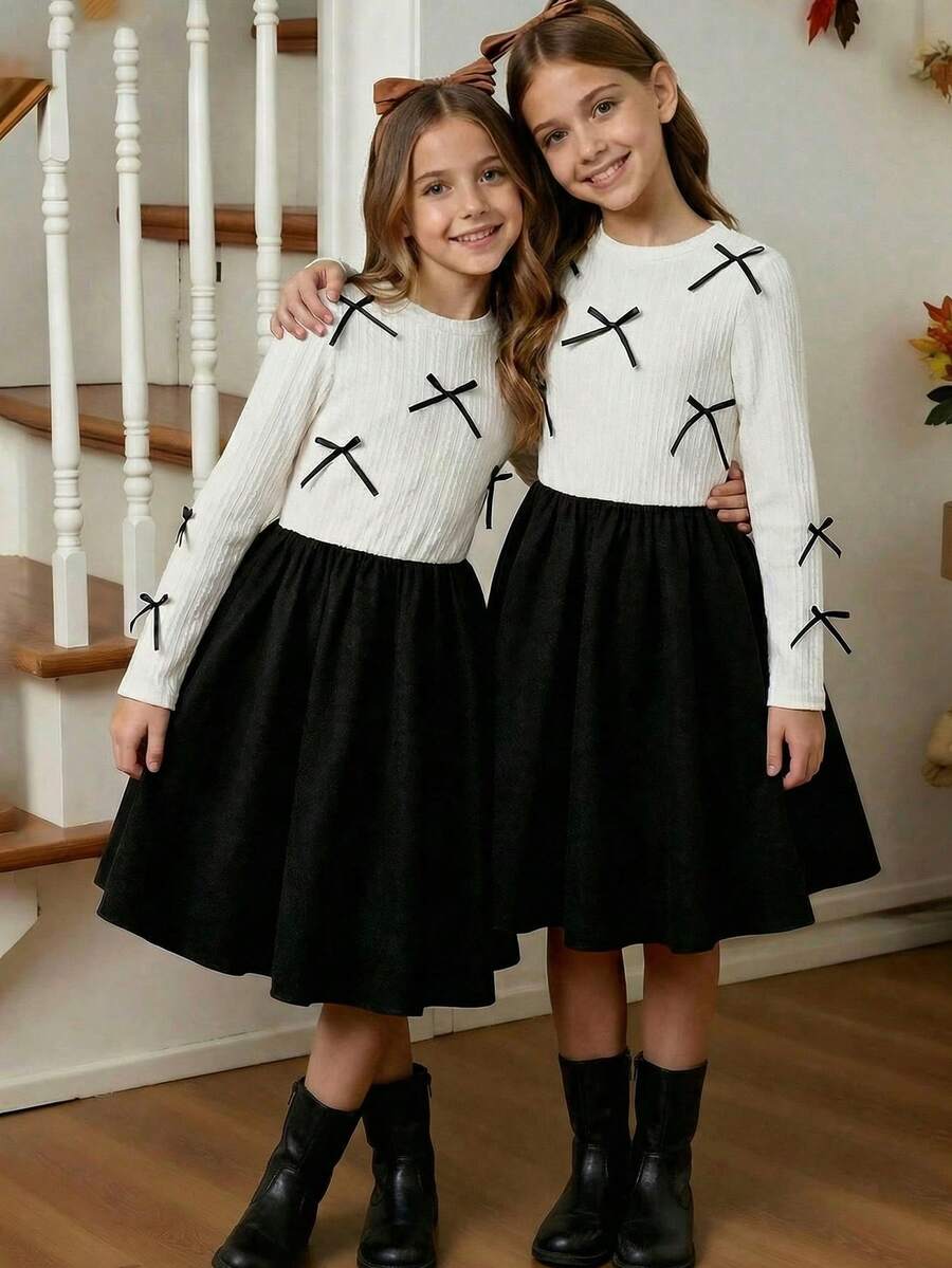 SHEIN Tween Girl Jacquard Textured Bow Decor Round Neck Long Sleeve Top & Patchwork Flared Dress Set - Black and White - View 1