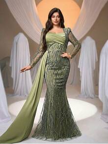 Glamrae Plus Size Sage Green Elegant Spring Wedding Dress, Asymmetric Neckline Sequin & Mesh Mermaid Evening Gown With Side Drape For Party Events - Green - View 5