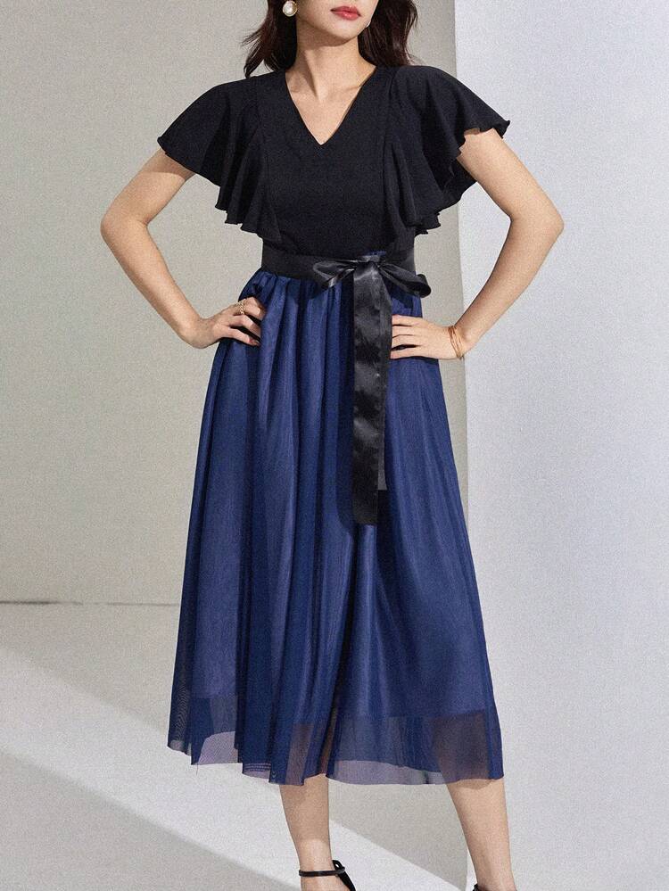 Women's Contrast Color V-Neck Tie Knot Ruffle Hem Elegant Long Sleeve Dress Sundress