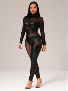 Radiana 极致性感休闲黑色网纱与PU皮革拼接透视镂空连体裤，不对称拼接修身款，妩媚大胆，适合夜店/派对/聚会/音乐节等场合穿着 - 黑色 - 查看 5