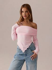 SHEIN SXY Pink Top; Asymmetrical Pleated Solid Pink Long-Sleeved T-Shirt, Autumn/Spring Style; Women's Knitted Off-Shoulder Slim-Fit T-Shirt; Suitable For Dates; Everyday Wear; Valentine's Day Top. - Pink - View 4
