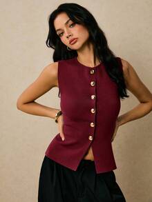 Poéselle Elegant Burgundy Women's Sweater Vest,Autumn Office Plain Knitwear Round Neck Casual Sleeveless Button-Front Top,Regular Length Maroon Tops For Women - Burgundy - View 4