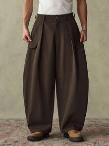 SWAVVY Pantaloni casual evazați pentru bărbați, culoare solidă, cu buzunare, stil utilitar - Maro - Vizualizare 4
